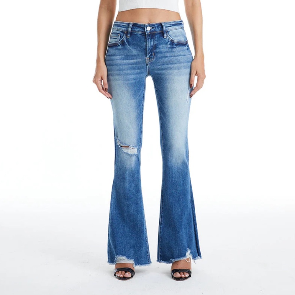 High-Rise Blue Distressed Flare Jeans